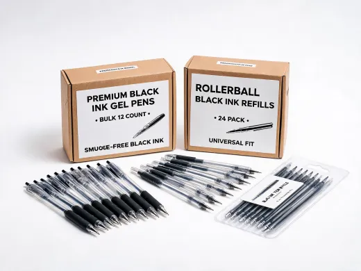 Gel pens and rollerballs in black ink