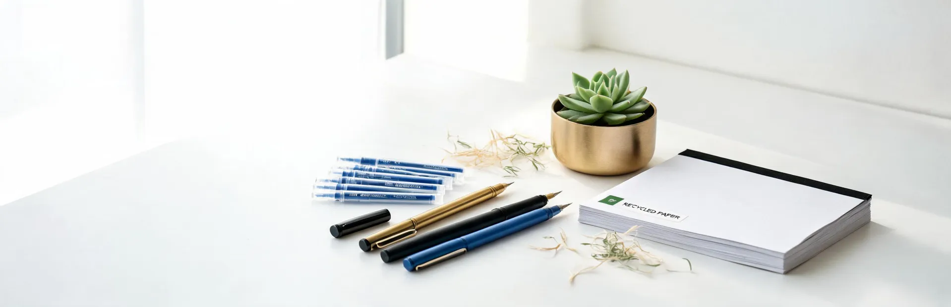 Refillable pens notebooks and recycled paper on a desk